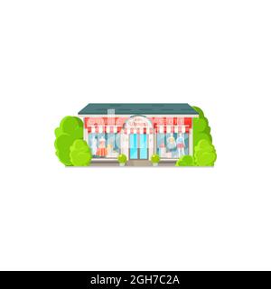 Shop facciata esterno donna negozio di abbigliamento isolato edificio design cartoon piano. Boutique vettoriale o negozio del centro commerciale con alberi. Facciata colorata e luminosa Illustrazione Vettoriale