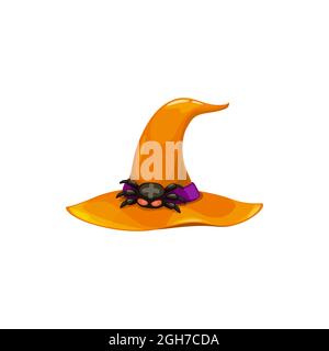 Icona vettoriale del cappello della strega del cartone animato, capo del mago arancione con ragno spaventoso con la croce sul retro come fibbia. Costume fantasy di Halloween, cappellino del mago isolato Illustrazione Vettoriale