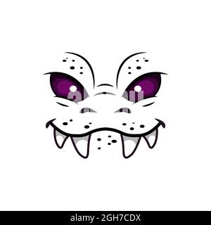 Monster faccia isolato vettore icona, cartone animato emozione. Cute Halloween creatura emoji, divertente drago o animale selvatico con occhi viola e museruola sorridente wit Illustrazione Vettoriale