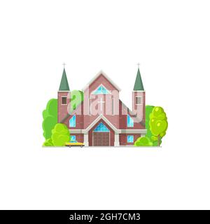 Chiesa cattolica o evangelica architettura religiosa isolata. Vector cattedrale medievale, torre campanile per celebrare matrimoni e cerimonie funerarie, facciata Illustrazione Vettoriale