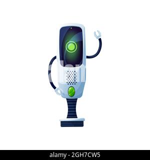 Robot cartoon vettore cyborg giocattolo o bot personaggio, tecnologia di intelligenza artificiale. Robot con bracci a griffa e display digitale a incandescenza, fotocamera e microp Illustrazione Vettoriale