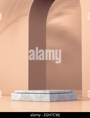 Design di sfondo per il branding dei prodotti. Podio in marmo per la presentazione dei prodotti. Ombra di foglia di palma sull'arco e sul muro. Foto Stock