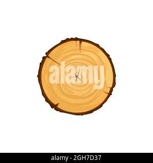 Tessitura del legno anello ondulato fetta di albero isolare moncone vista dall'alto cartoon icona piatta. Tronco vettoriale di legno rotondo, corteccia di albero tagliata di legno secco sgranato. Legname Illustrazione Vettoriale