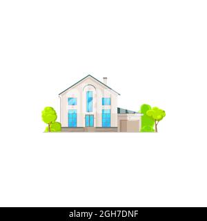 Casa americana con garage, edificio rurale a due piani facciata esterno isolato quartiere architettura cartoon elemento icona. Vector vintage home wit Illustrazione Vettoriale
