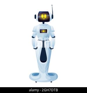 Intelligenza artificiale robot macchina robot uomo su stand isolato. Giocattolo Vector android sul telecomando, chatbot assistente robot intelligente. Automatico Illustrazione Vettoriale