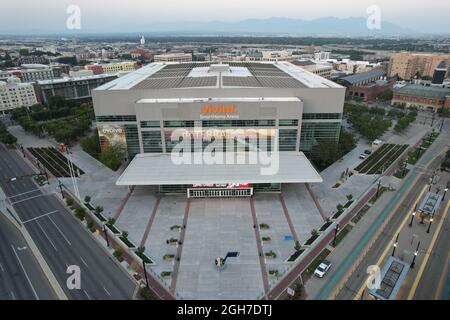 Vista aerea della Vivint Smart Home Arena, domenica 5 settembre 2021, a Salt Lake City. Il locale ospita lo Utah Jazz of the NBA. Foto Stock