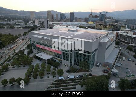 Vista aerea della Vivint Smart Home Arena, domenica 5 settembre 2021, a Salt Lake City. Il locale ospita lo Utah Jazz of the NBA. Foto Stock