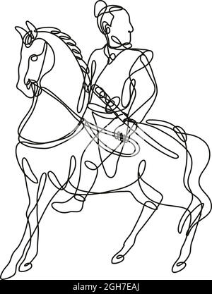 Disegno a linea continua di un guerriero giapponese samurai con vista laterale a cavallo fatto in mono linea o in stile doodle in bianco e nero su iso Illustrazione Vettoriale