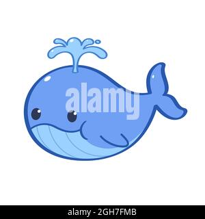 Carattere animale. Una balena blu che pompa l'acqua sulla sua testa. Carattere cartoon piano vettoriale. Illustrazione Vettoriale