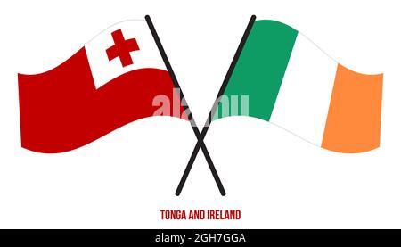 Tonga e Ireland Flags hanno attraversato e ondeggiante stile piatto. Proporzione ufficiale. Colori corretti. Foto Stock