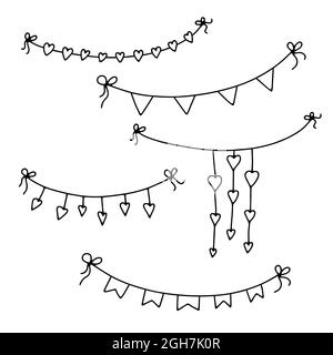 Set Doodle Valentines Day Garlands. Festone disegnato a mano isolato su sfondo bianco. Contorno decorazione festiva con cuori, bandiere, nastri, archi. VEC Illustrazione Vettoriale
