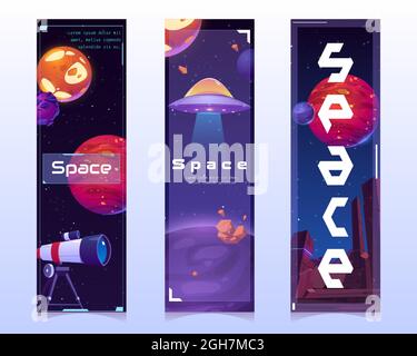 Segnalibri spaziali con pianeti alieni, navicella spaziale e telescopio su sfondo cosmo. Banner verticali vettoriali con cartoni animati raffiguranti il cielo scuro con stelle e razzo ufo Illustrazione Vettoriale