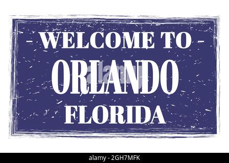 BENVENUTI A ORLANDO - FLORIDA, parole scritte su un timbro postale rettangolare blu Foto Stock