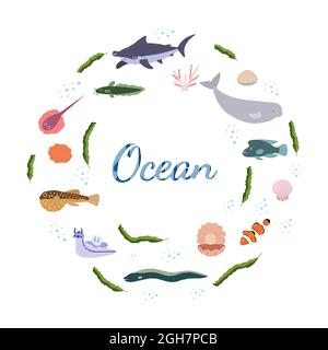 Modello di disegno con animale marino in cerchio per stampa capretto. Composizione rotonda di animali marini, squali, beluga e alghe. Set vettoriale di vita subacquea in stile cartoon. Illustrazione Vettoriale