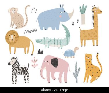 Animali e piante africani carini in stile scandinavo Vector disegnati a mano per bambini semplice set Elephant, leopardo, tartaruga, zebra, scimmia Illustrazione Vettoriale