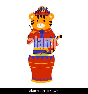 Illustrazione di cartoni animati per bambini, Capodanno cinese. Una tigre suona un tamburo. Vettore isolato su sfondo bianco Illustrazione Vettoriale