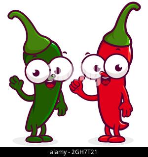 Cartoni animati verdi e rossi, peperoncino piccante. Caratteri di verdure al pepe rosso e verde di Jalapeno. Foto Stock