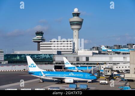 Aerei KLM all'aeroporto Schiphol di Amsterdam, Paesi Bassi, Europa Foto Stock