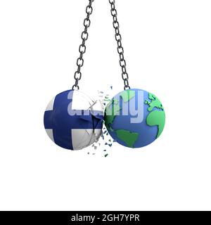 La bandiera finlandese colpisce il pianeta terra. Concetto di impatto ambientale. Rendering 3D Foto Stock