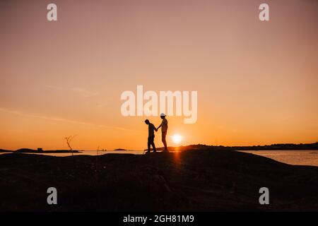 Amici maschi che tengono le mani mentre camminano a Lakeshore durante il tramonto Foto Stock