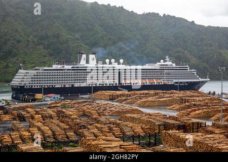 Holland America MS Noordam nel porto di Marlborough Picton Nuova Zelanda Export Tree Logs Lumber Timber sul Quayside Foto Stock