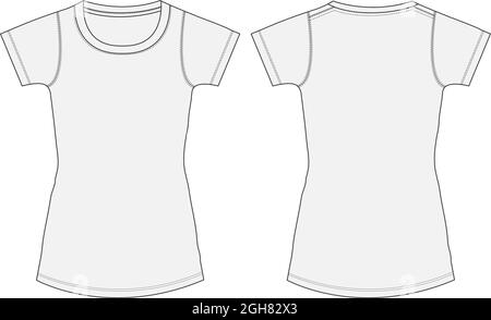 Body Slim FIT Shorts camicia t-shirt da donna. Modello di illustrazione vettoriale dello schizzo piatto di moda tecnica. Normale slim-fit rotondo scollo modello up. Illustrazione Vettoriale
