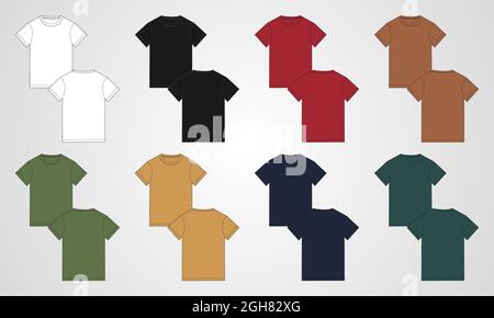 Multi color Basic T - camicia tecnica moda flat modello disegno. Manica corta vuota Design Apparel illustrazione vettoriale mock up anteriore, posteriore. Illustrazione Vettoriale