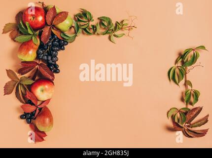 Concetto di raccolto di ringraziamento. Layout vintage autunnale con vista dall'alto dello spazio di copia. Foto Stock