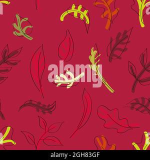 Varie foglie autunnali su sfondo rosso - sfondo vettoriale Illustrazione Vettoriale