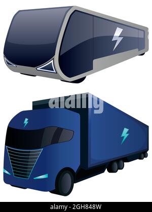 Camion elettrico e autobus su bianco Illustrazione Vettoriale
