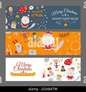 Set di banner web con elementi di design di Natale in stile doodle. Carte di Natale. Vettore Illustrazione Vettoriale