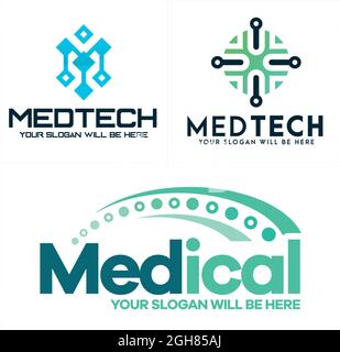 Logo medico con tecnologia del circuito e colonna verde blu illustrazione vettoriale adatto per la tecnologia farmaceutica software ospedale Illustrazione Vettoriale