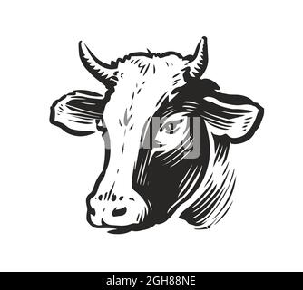 Logo del ritratto della testa di mucca. Latticini, simbolo di carne bovina. Illustrazione vettoriale degli animali da fattoria Illustrazione Vettoriale