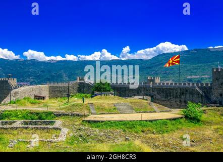 Fortezza di Tsar Samuel sulla cima della collina di Ohrid, Macedonia. Foto Stock