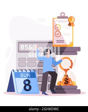 Pagamento automatico circolare denaro di deposito ricorrente con calendario e calcolatrice della valuta del dollaro Illustrazione Vettoriale