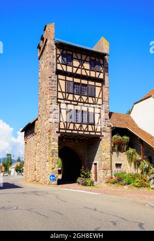 Porta medievale della città o porta alta a Cernay, Alsazia, Alto Reno, Francia. Foto Stock