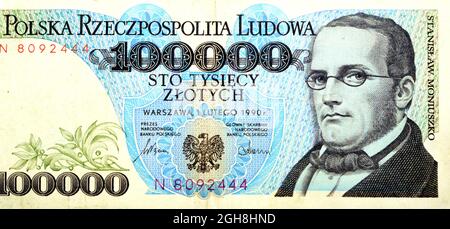 Grande frammento di lato opposto di 100000 centomila banconote polacche di Zlotych, anno 1993 con il ritratto di Stanisław Moniuszko Foto Stock