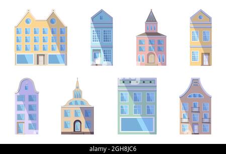 Set di vecchie case, negozi e fabbriche di colore chiaro europeo nel tradizionale stile della città olandese. Illustrazione vettoriale nello stile piatto isolato su Illustrazione Vettoriale