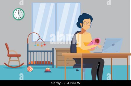 Una madre imprenditore che lavora dalla sua casa con il suo bambino Illustrazione Vettoriale