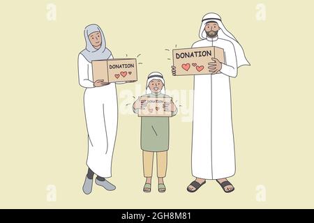 Concetto di donazione per famiglie musulmane. Famiglia arabica sorridente madre padre figlio in piedi tenendo le scatole di donazione in mano con lettere per la carità ramadan vettore illustrazione Illustrazione Vettoriale