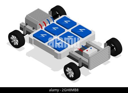 Piattaforma isometrica per veicoli elettrici. Telaio del veicolo elettrico con batterie. Vettore 3D realistico isolato su sfondo bianco Illustrazione Vettoriale