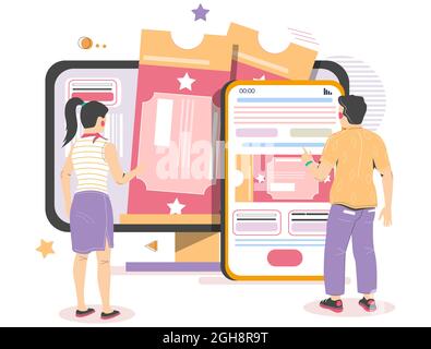 Persone che acquistano cinema, biglietti teatro da cellulare, computer, illustrazione vettoriale. Prenotazione biglietti online, acquisto. Illustrazione Vettoriale