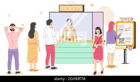 Chi acquista biglietti per il cinema al terminal self-service e al banco dei biglietti del cinema in coda, illustrazione vettoriale Illustrazione Vettoriale