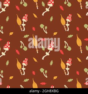 Funghi autunnali con foglie colorate. Illustrazione senza giunture con amanita e toadsgools. Tessuto, sfondo o carta da parati. Illustrazione Vettoriale