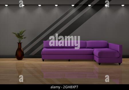 Interni moderni del soggiorno, divano viola su pavimento in legno e parete grigio scuro, rendering 3d Foto Stock
