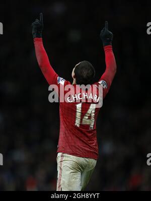 Javier Hernandez del Manchester United festeggia il suo quarto gol durante la partita di calcio della Barclays Premier League tra Manchester United e Newcastle United all'Old Trafford Stadium di Manchester, Regno Unito, il 26 dicembre 2012. Foto David KleinSportimage Foto Stock