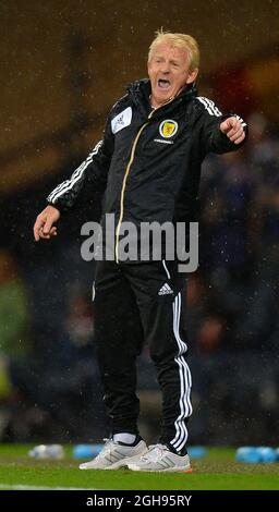 Gordon Strachan, manager della Scozia, reagisce sul campo durante la gara di qualificazione della Coppa del mondo FIFA 2014, Group A match tra Scozia e Belgio all'Hampden Park Stadium di Glasgow, Scozia, il 6 settembre 2013. Foto Stock