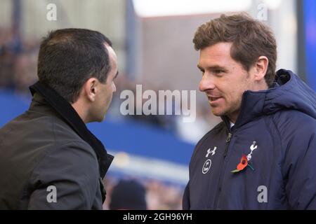 Direttore di Everton, Roberto Martinez e Andre Villas Boas, direttore di Tottenham durante la partita della Barclay's Premier League tra Everton e Tottenham Hotspur al Goodison Park di Liverpool il 3 novembre 2013. Foto Stock