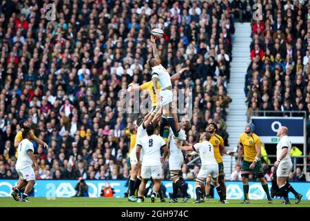 Courtney Lawes in Inghilterra durante la partita internazionale d'autunno QBE tra Inghilterra e Australia al Twickenham Stadium di Londra il 2 novembre 2013. Foto Stock