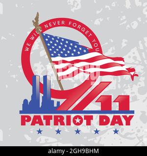 9-11 Patriot Day. Non dimenticheremo mai. 11 settembre 2001 sullo sfondo dello scudo e delle Twin Towers nello skyline di New York. Illustrazione Vettoriale